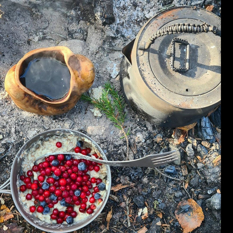 
                  
                    SilverAnt Ultralight Titanium Spork 3-in-1 Knife Fork Spoon - Actual product photo, top angle view, lifestyle shot, eating berries and oats, POV shot
                  
                