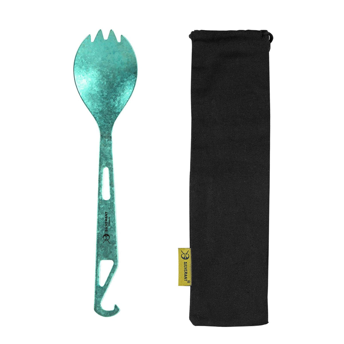 SilverAnt Ultralight Titanium Spork with Bottle Opener Anodized Green - with black drawstring pouch included with purchase