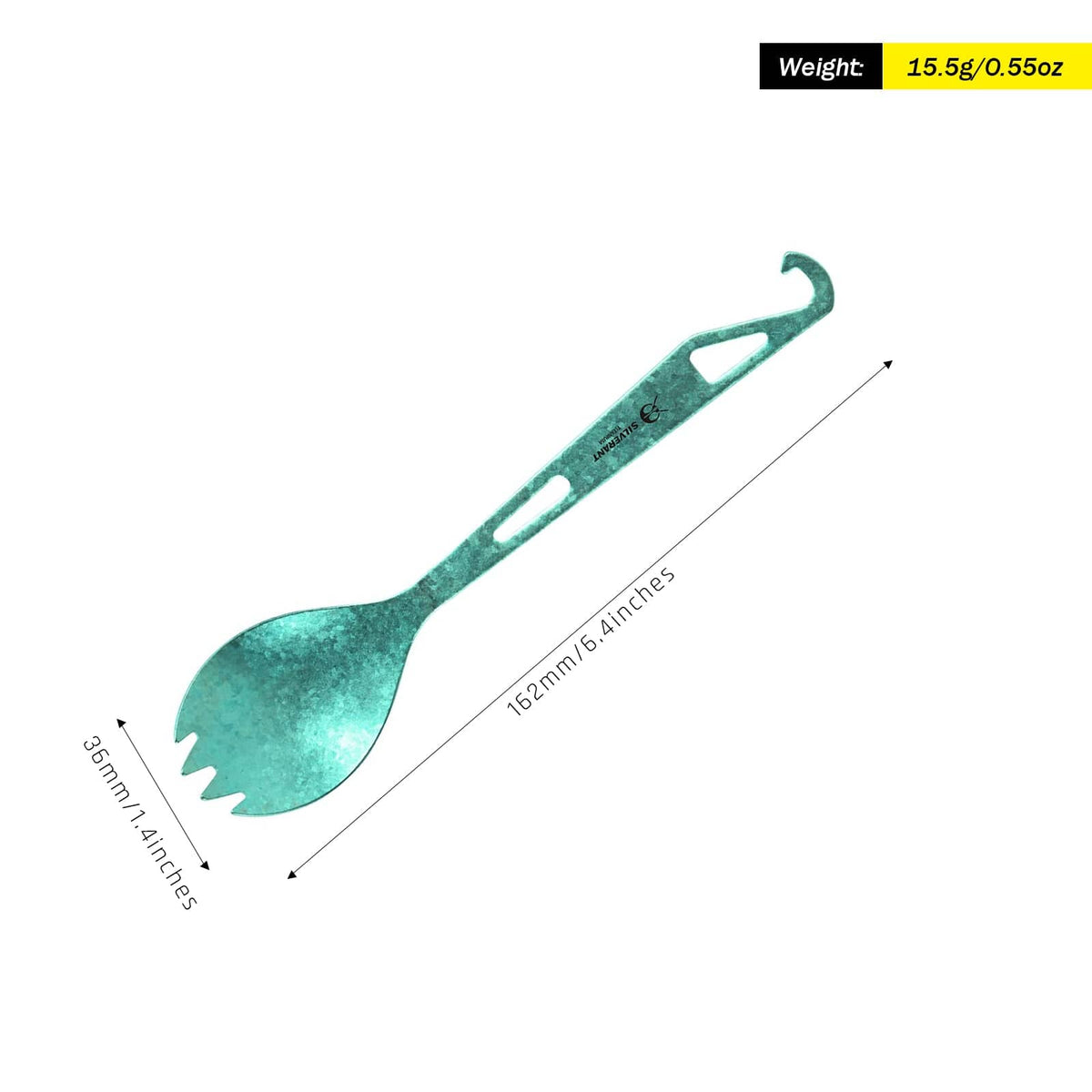 SilverAnt Ultralight Titanium Spork with Bottle Opener Anodized Green - weight and dimensions