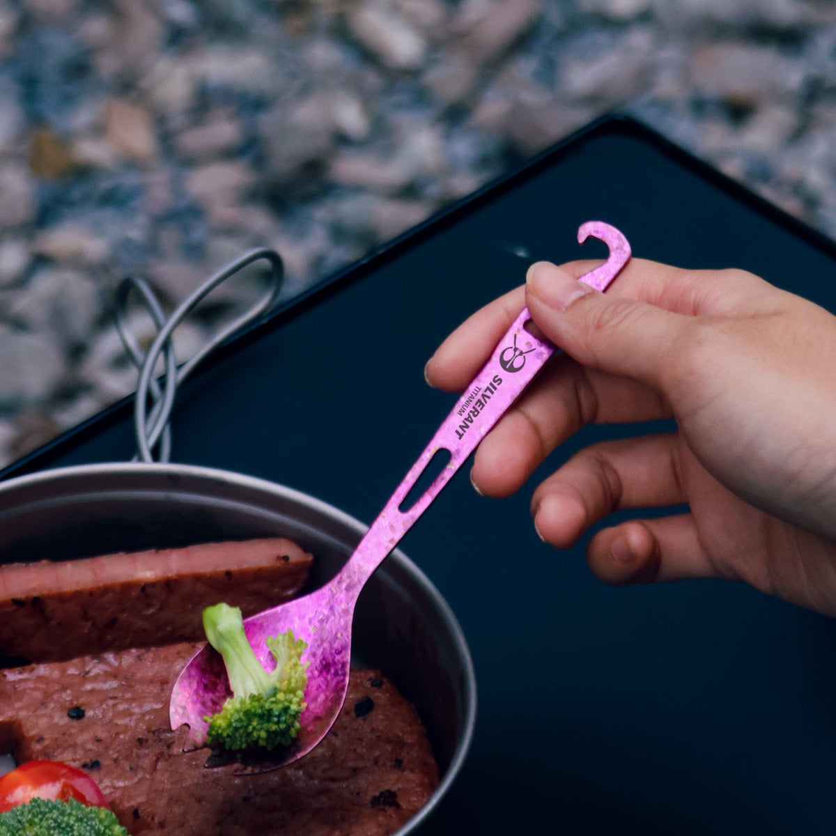 SilverAnt Ultralight Titanium Spork with Bottle Opener Anodized Purple - actual product photo, real life use, in use, on hand