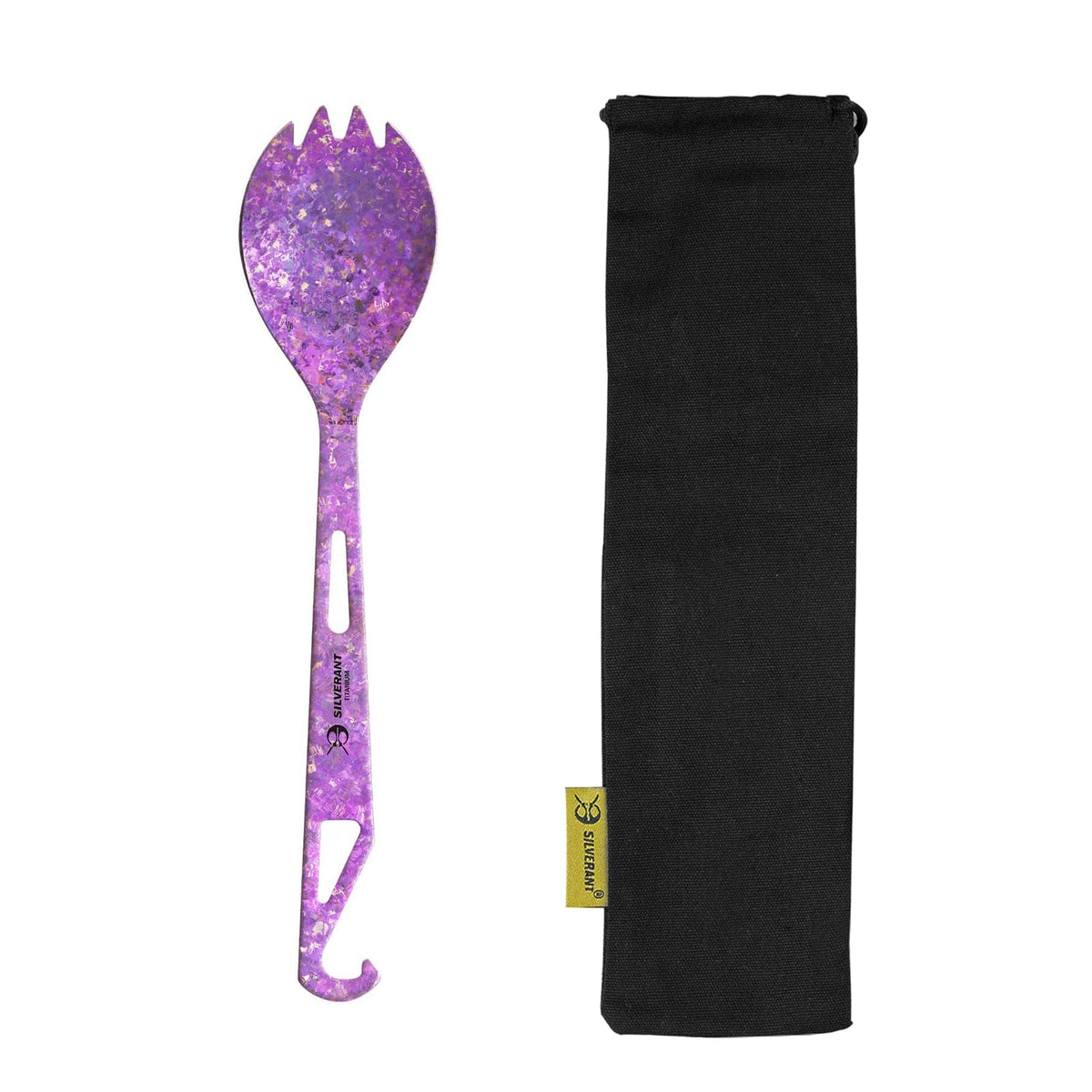 SilverAnt Ultralight Titanium Spork with Bottle Opener Anodized Purple - with black drawstring pouch included with purchase