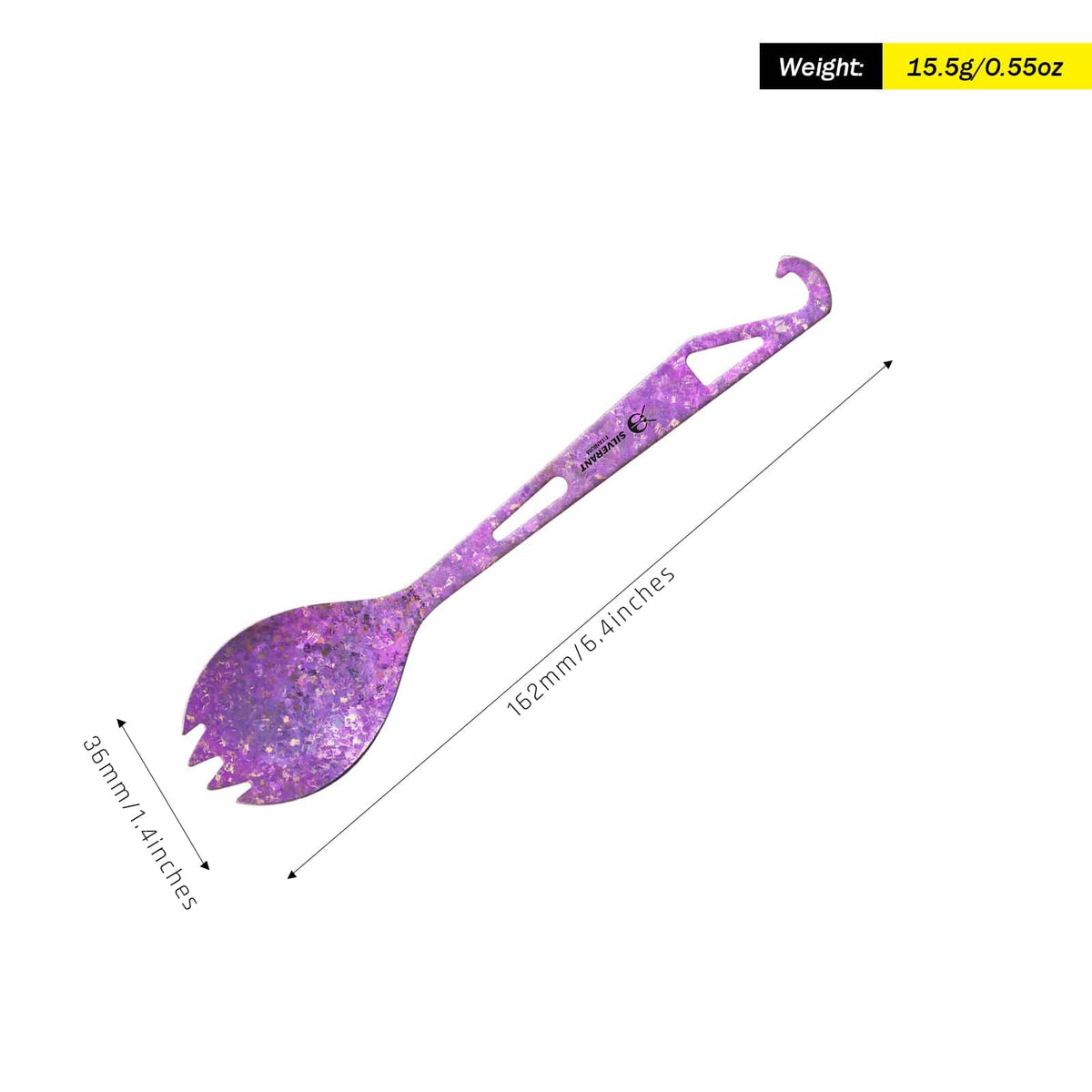 SilverAnt Ultralight Titanium Spork with Bottle Opener - Anodized Purple weight and dimensions