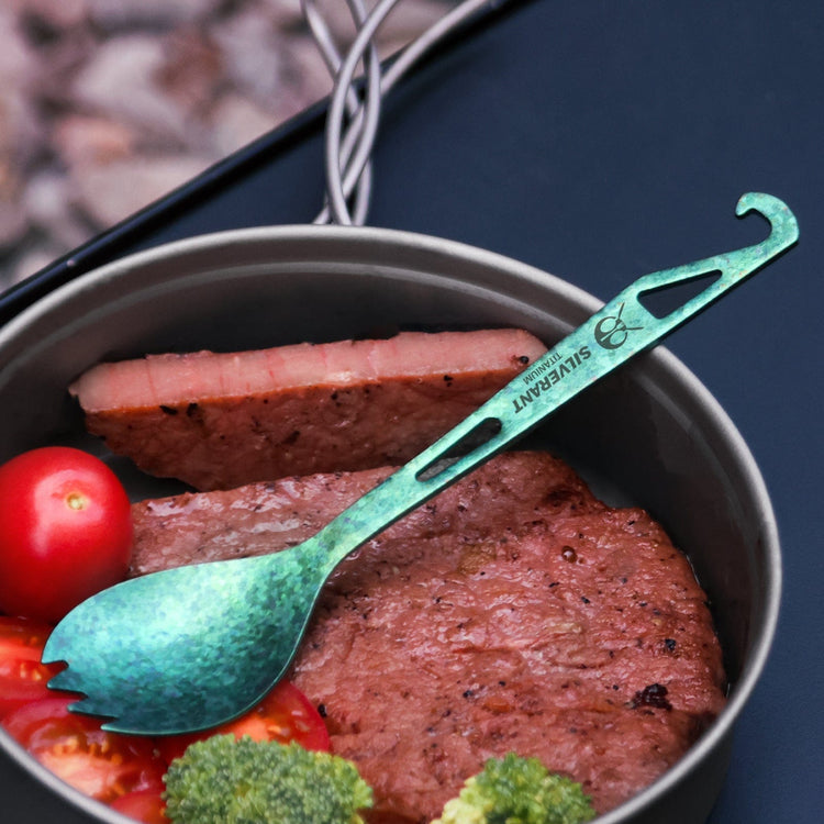 
                  
                    SilverAnt Ultralight Titanium Spork with Bottle Opener Anodized Green - actual product photo, real life use, lifestyle shot
                  
                