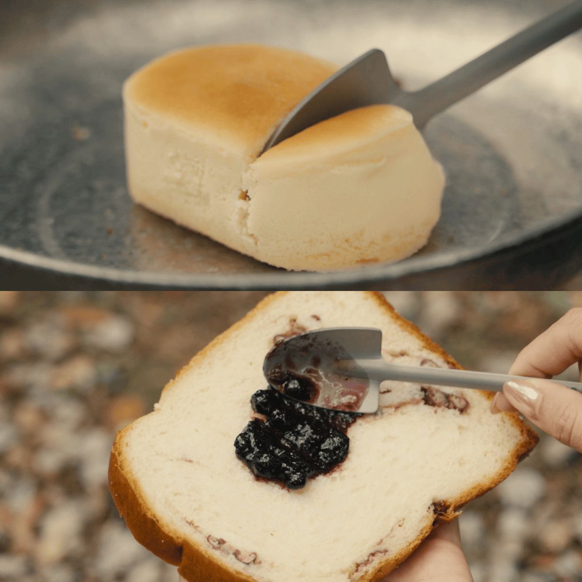 SilverAnt Ultralight Titanium Square & Spade Shovel Cutlery Utensils - Spade Shovel (actual product photo, in use, making sandwiches, eating flan, spreading jam on bread, on hand, real life use)