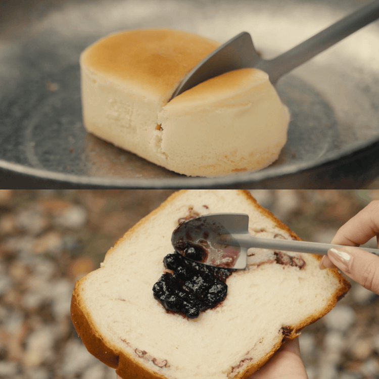 
                  
                    SilverAnt Ultralight Titanium Square & Spade Shovel Cutlery Utensils - Spade Shovel (actual product photo, in use, making sandwiches, eating flan, spreading jam on bread, on hand, real life use)
                  
                
