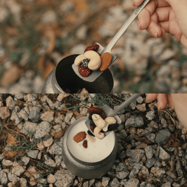 
                  
                    SilverAnt Ultralight Titanium Square & Spade Shovel Cutlery Utensils - Square shovel (actual product photo, in use, on hand, scooping nuts out of titanium contains into a yogurt)
                  
                