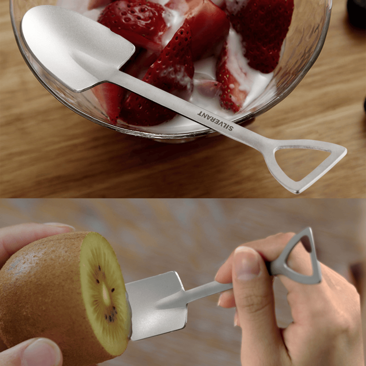 SilverAnt Ultralight Titanium Square & Spade Shovel Cutlery Utensils - actual product photo in use, real life use, used for fruit at home)
