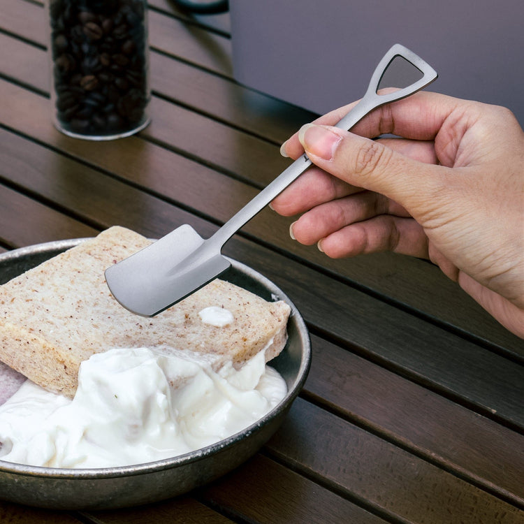 
                  
                    SilverAnt Ultralight Titanium Square & Spade Shovel Cutlery Utensils - Square shovel (actual product photo, in use, on hand, using for sandwich spread)
                  
                