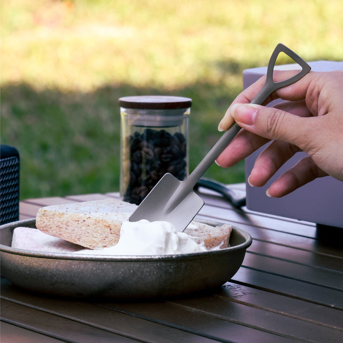 SilverAnt Ultralight Titanium Square & Spade Shovel Cutlery Utensils - Square shovel (actual product photo, in use, on hand, real life use, in use, lifestyle photo)