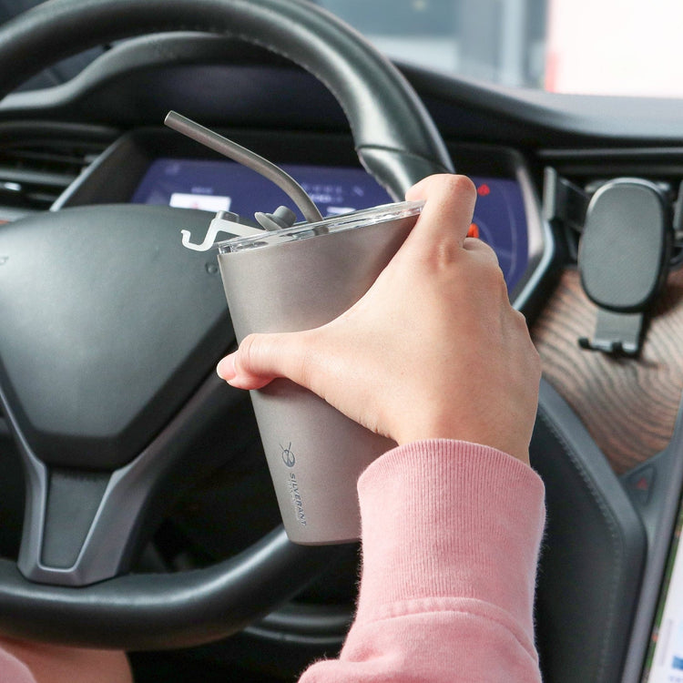 
                  
                    SilverAnt Ultralight Titanium Straw Sandblasted - Actual product photo, real life use, in use, on a SilverAnt Titanium Cup, while driving
                  
                