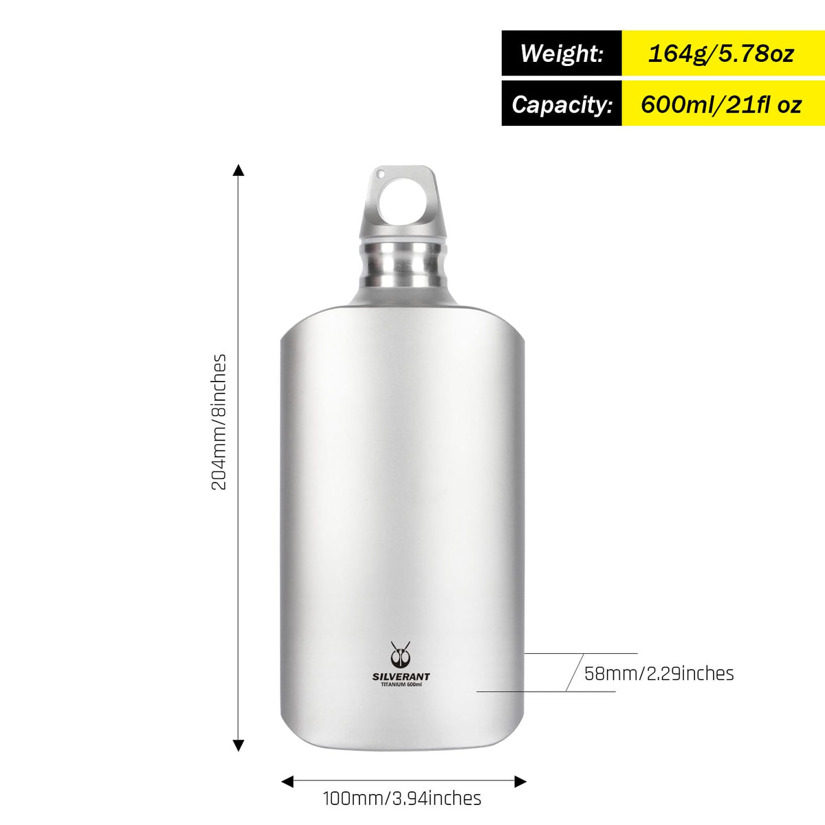 SilverAnt Ultralight Titanium Water Bottle 600ml/21 fl oz Slim - Sandblasted weight, dimensions, & capacity