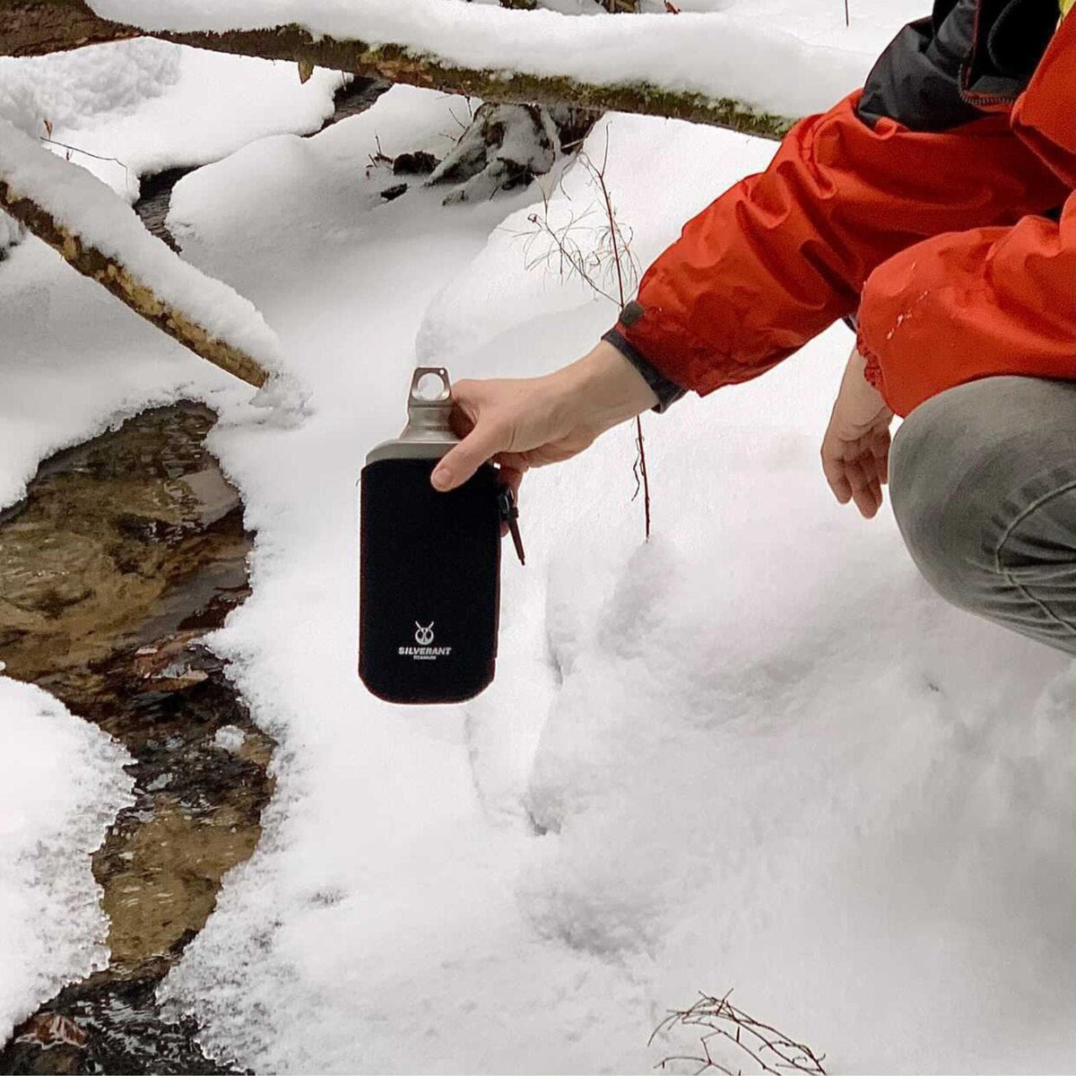 SilverAnt Ultralight Titanium Water Bottle 600ml/21 fl oz Slim - Sandblasted (winter, black thermal sleeve, actual product photo)