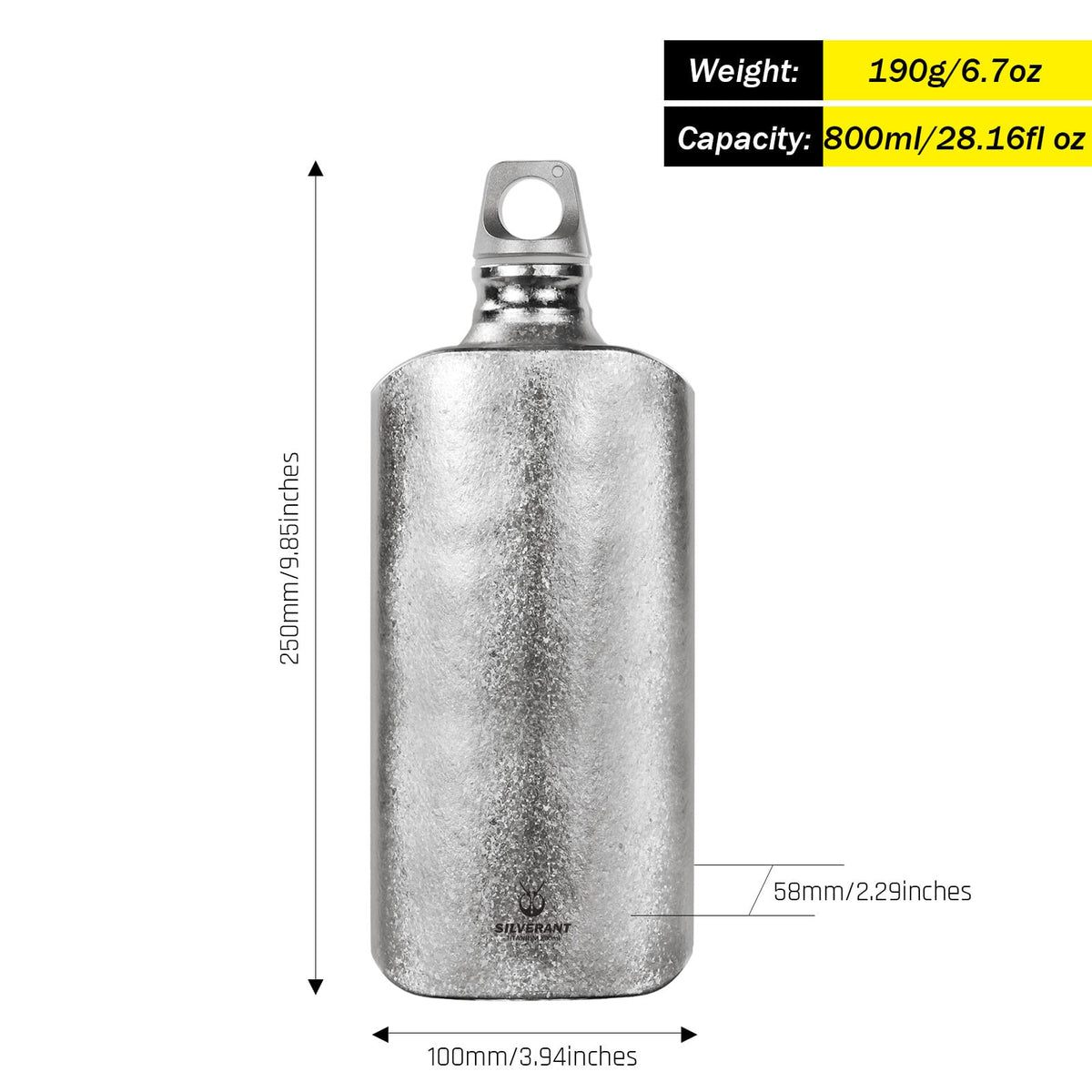 SilverAnt Ultralight Titanium Water Bottle 800ml/28.16 fl oz (Slim) - Crystallized (weight, dimensions, and capacity)