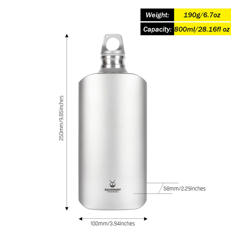 SilverAnt Ultralight Titanium Water Bottle 800ml/28.16 fl oz (Slim) - Sandblasted dimensions, weight, and capacity