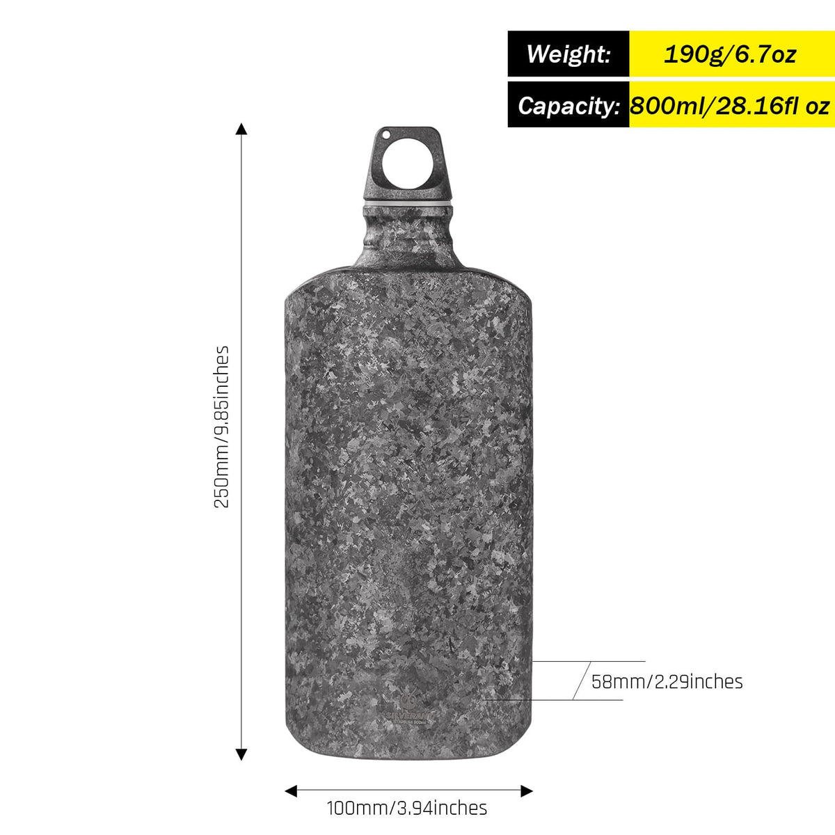 SilverAnt Ultralight Titanium Water Bottle 800ml/28.16 fl oz (Slim Crystallized Black) - with weight, dimensions, and capacity