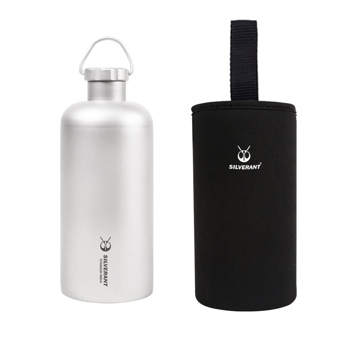 SilverAnt Ultralight Titanium Water Bottle Narrow Mouth Design - 400ml with black thermal carry sleeve (included with purchase)