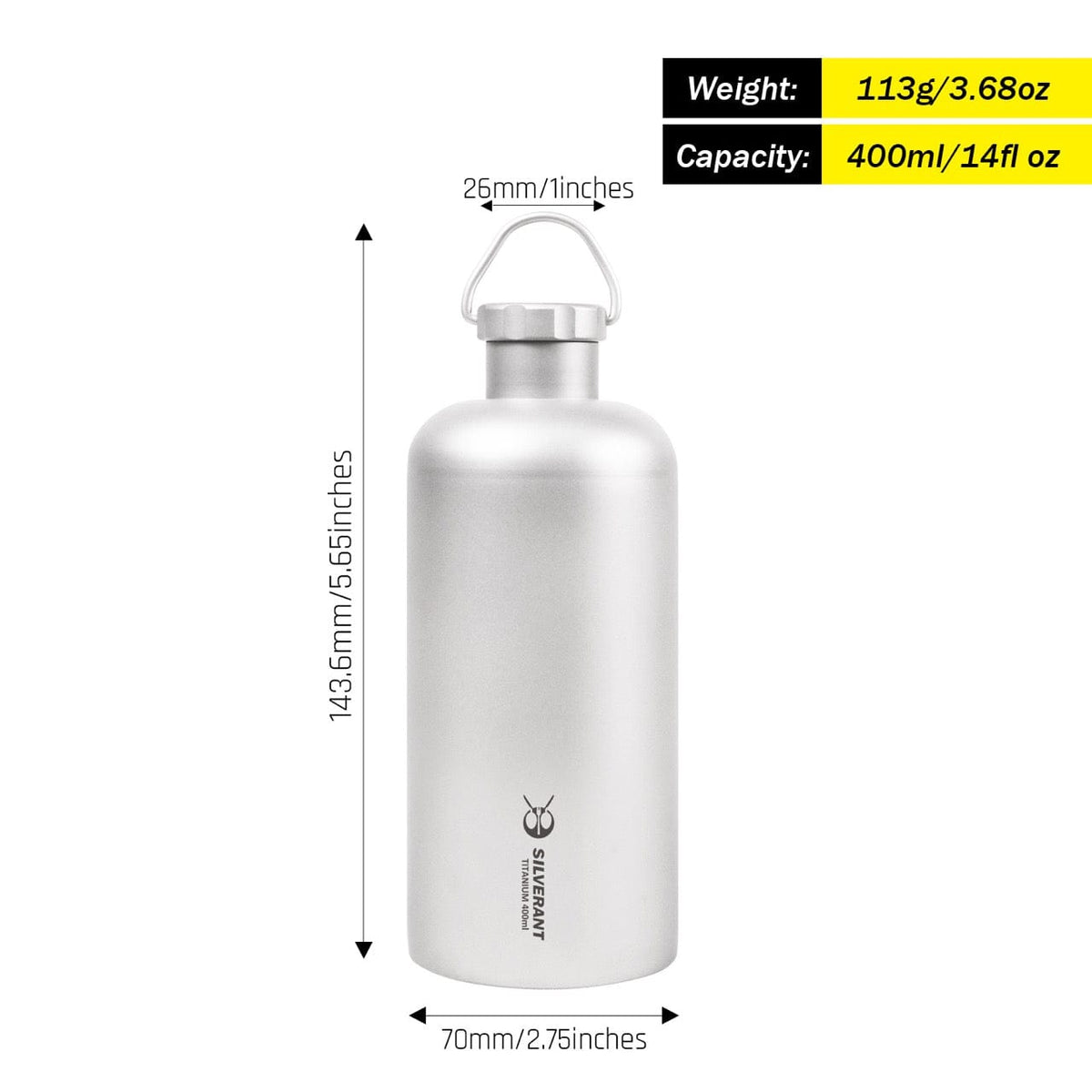 SilverAnt Ultralight Titanium Water Bottle Narrow Mouth Design - 400ml / 14fl oz (weight, dimensions, and capacity)