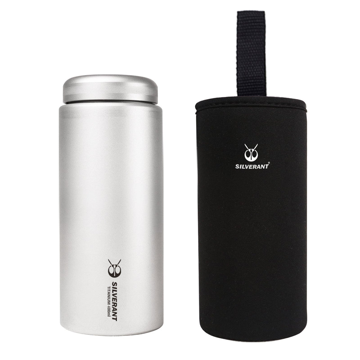 SilverAnt Ultralight Titanium Water Bottle Wide Mouth Screw Top - main image with black thermal carry sleeve (included with purchase)