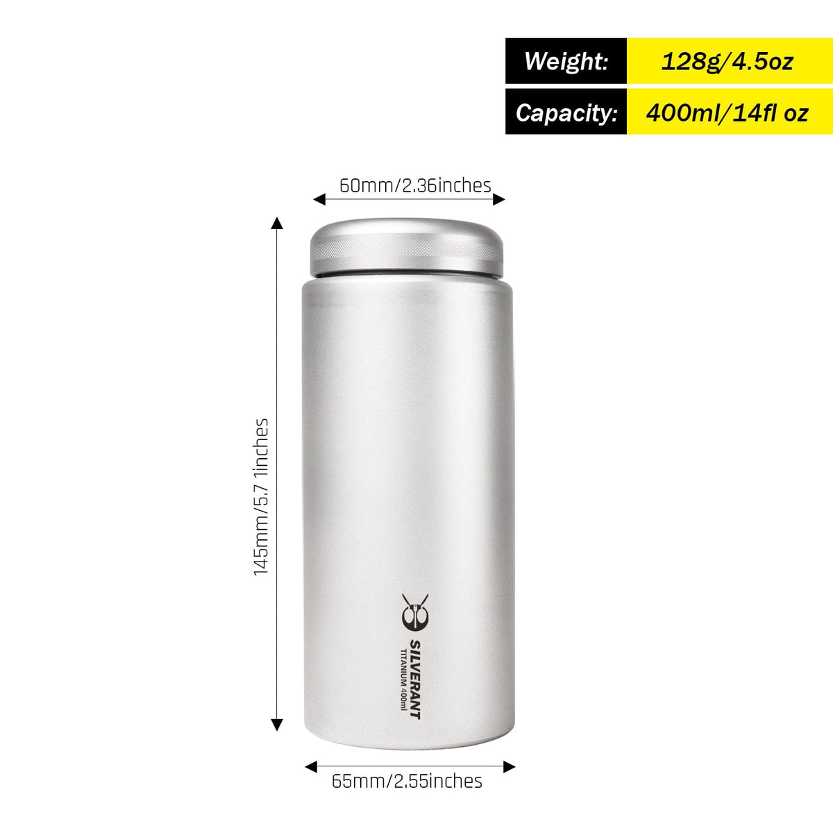 SilverAnt Ultralight Titanium Water Bottle Wide Mouth Screw Top - 400ml / 14fl oz weight, size, and dimensions