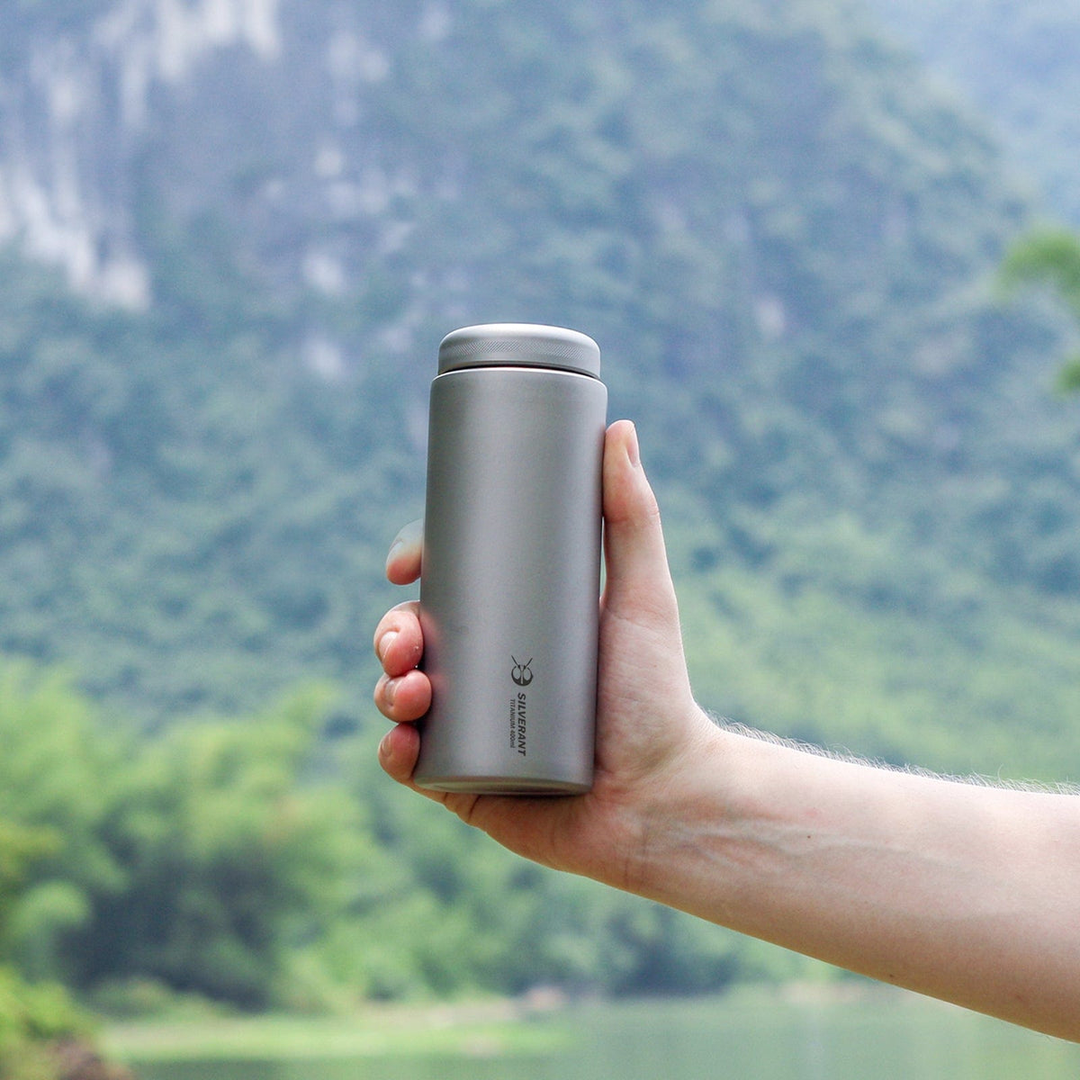 SilverAnt Ultralight Titanium Water Bottle Wide Mouth Screw Top - 400ml actual product photo, on-hand, lifestyle shot