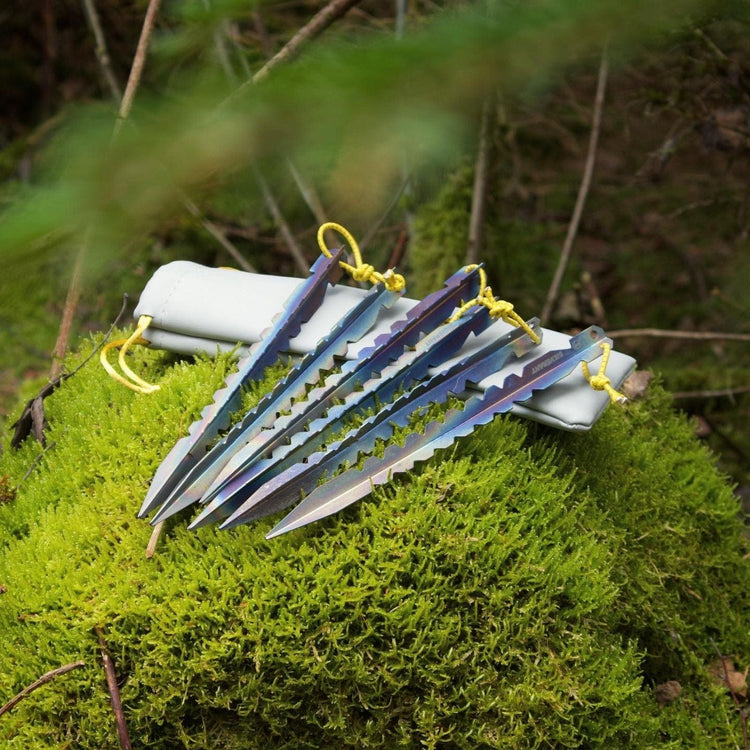 
                  
                    SilverAnt Ultralight Titanium Y-Shape Tent Stakes 6-Pack - Actual product photo, lifestyle shot, placed down on ground over case
                  
                