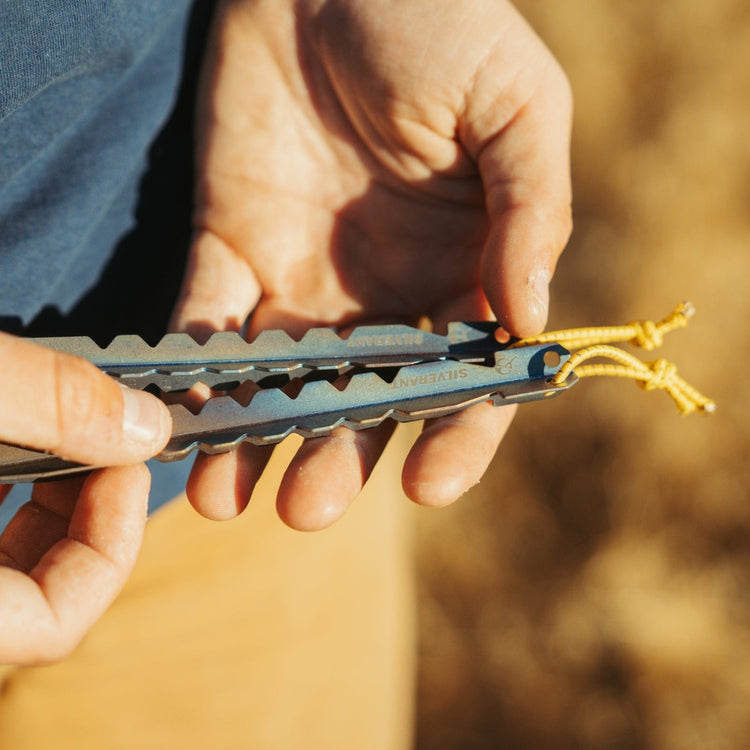 
                  
                    Titanium Y-Shape Tent Stakes - Large 6-Pack - SilverAnt Outdoors (on hand, close-up, actual product photo, showing SilverAnt branding)
                  
                