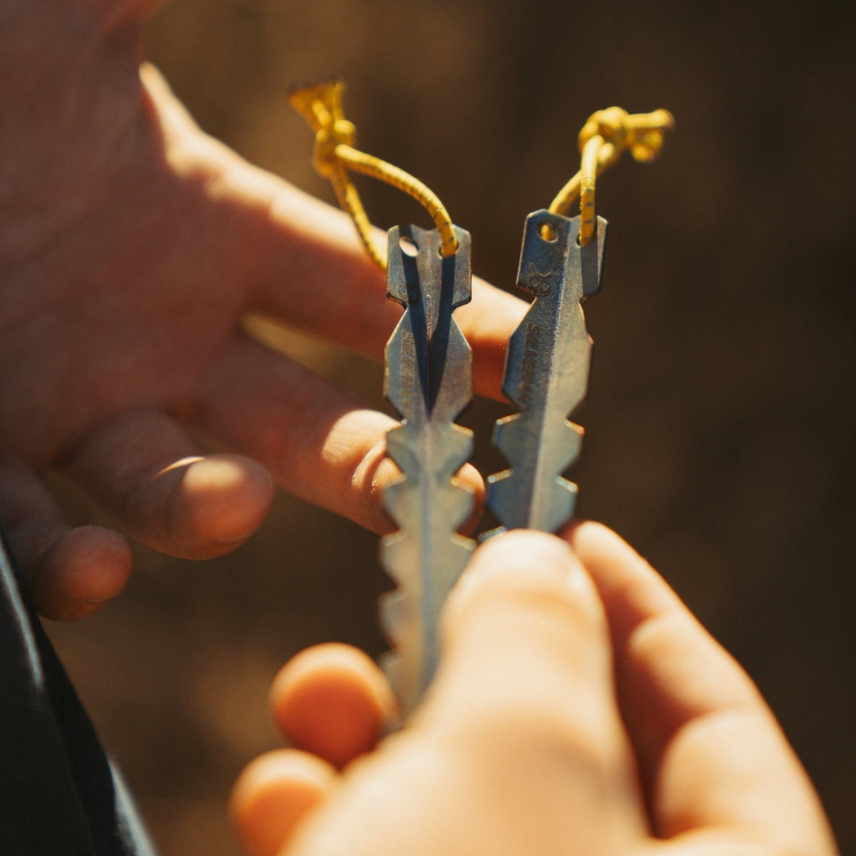 SilverAnt Outdoors Titanium Y-Shape Tent Stakes - 6-Pack (Actual product photo, close-up, on hand)