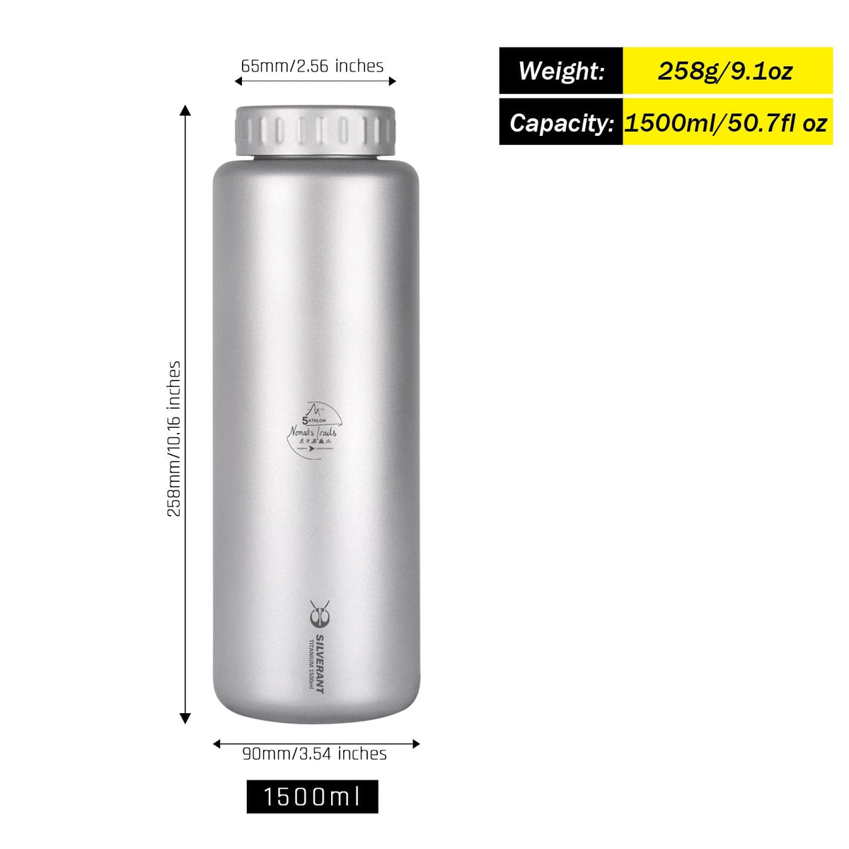 SilverAnt X 5Athlon Nomads Trails Collaboration - Large Titanium Wide Mouth Water Bottle with weight, dimensions, and capacity