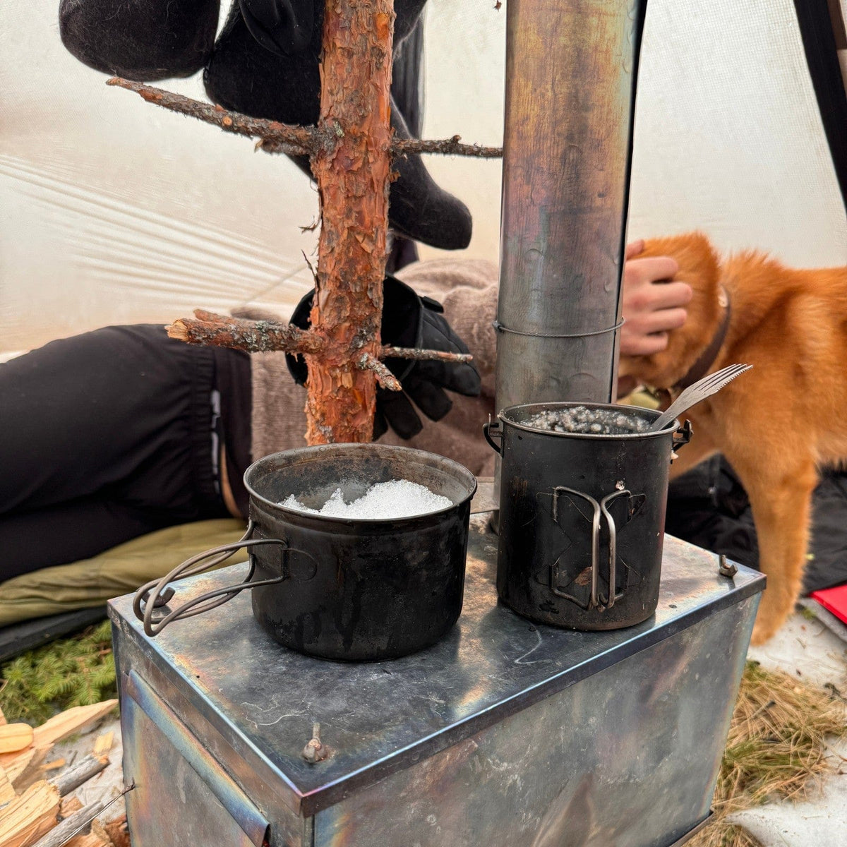 SilverAnt X 5Athlon Nomads Trails Collaboration - SilverAnt cooking pot and Titanium Cup placed on top of wood stove in tent