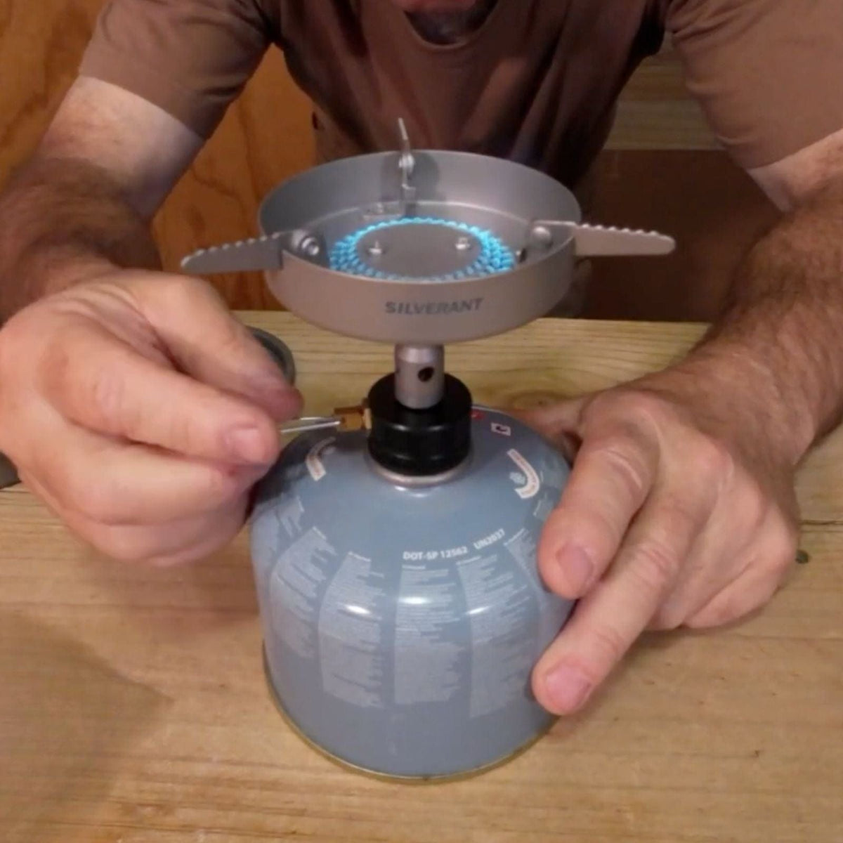 SilverTi Ultralight Titanium Gas Stove - Actual product photo, ignited, in use, real life use