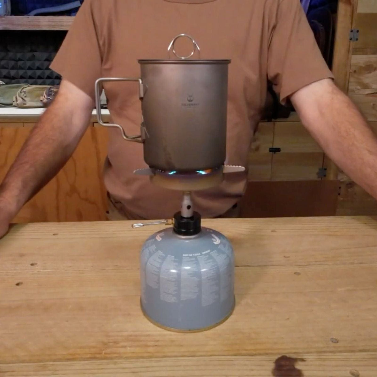 SilverTi Ultralight Titanium Gas Stove - Actual product photo, in-use, with SilverAnt Titanium Cup on top