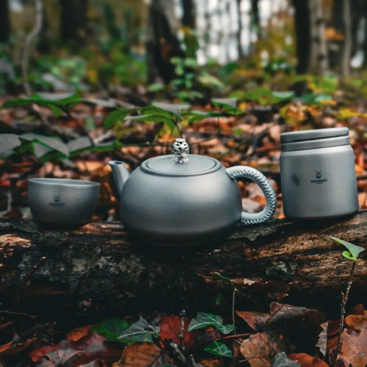 
                  
                    SilverAnt Ultralight Titanium Teapot & Traditional Tea Set - a teapot, teacup, and container on a piece of log 
                  
                