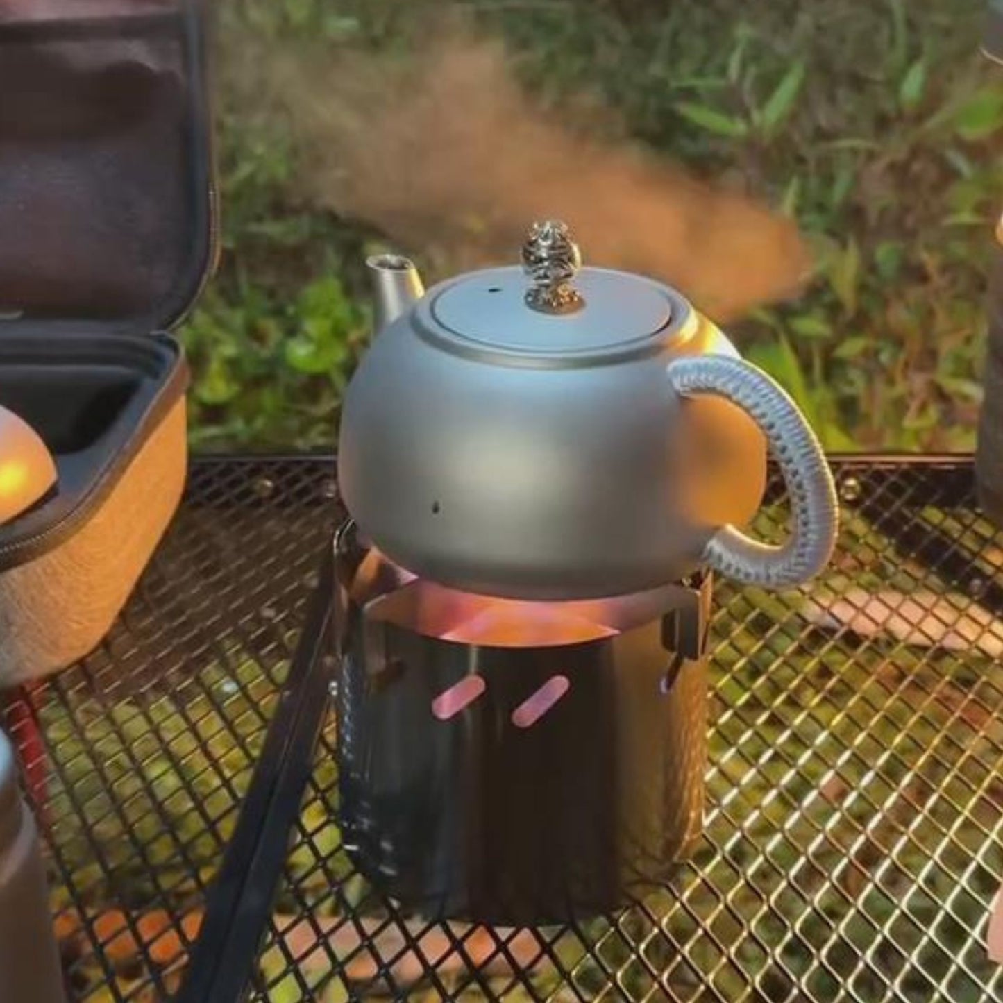 
                  
                    SilverAnt Ultralight Titanium Teapot & Traditional Tea Set - making tea on silverant alcohol stove
                  
                