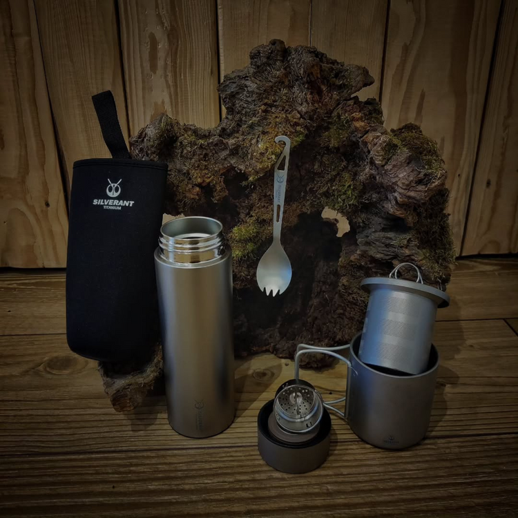 
                  
                    SilverAnt Sandblasted Titanium Double-Wall Insulated Thermos Flask 400ml/14fl oz and Titanium Double-wall Mug with Folding Handles
                  
                