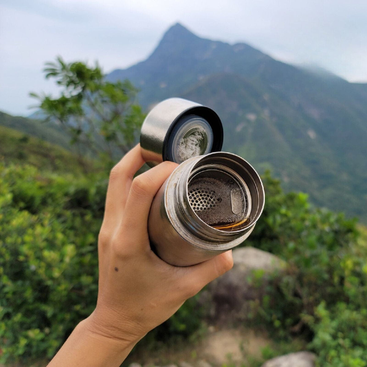 Titanium Double-Wall Insulated Thermos Flask 400ml/14fl oz - actual product photo, crystallized finish, opened, showing the bottle's inside components)