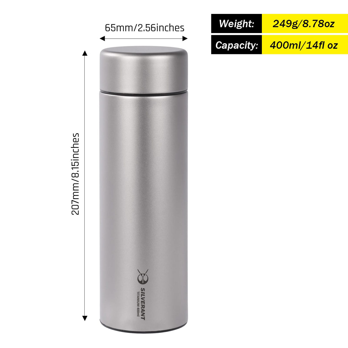 Titanium Double-Wall Insulated Thermos Flask 400ml/14fl oz - Sandblasted (weight, dimensions, and capacity)