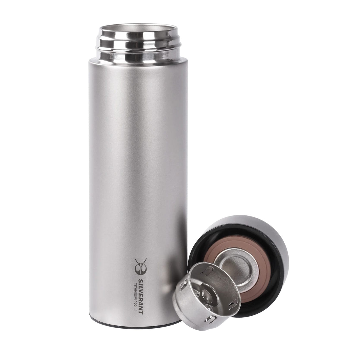 Titanium Double-Wall Insulated Thermos Flask 400ml/14fl oz - Sandblasted (open, showing all compartments/parts)