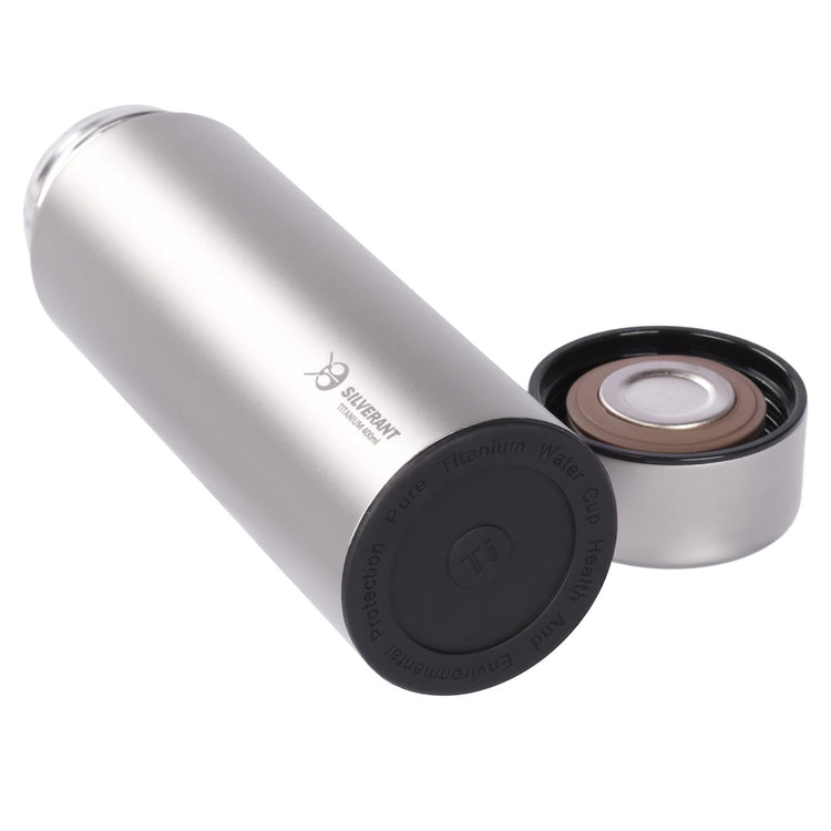 
                  
                    Titanium Double-Wall Insulated Thermos Flask 400ml/14fl oz - Sandblasted (close-up of bottle bottom, rubber grip, lid removed)
                  
                
