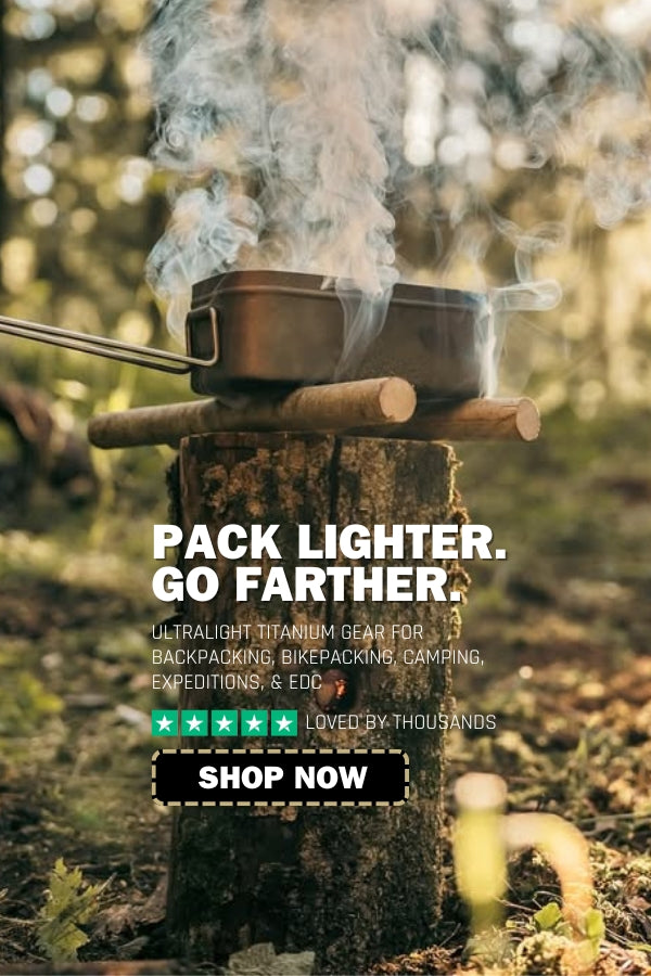 Camping mess tin with smoke in a forest setting, promotional text overlay.