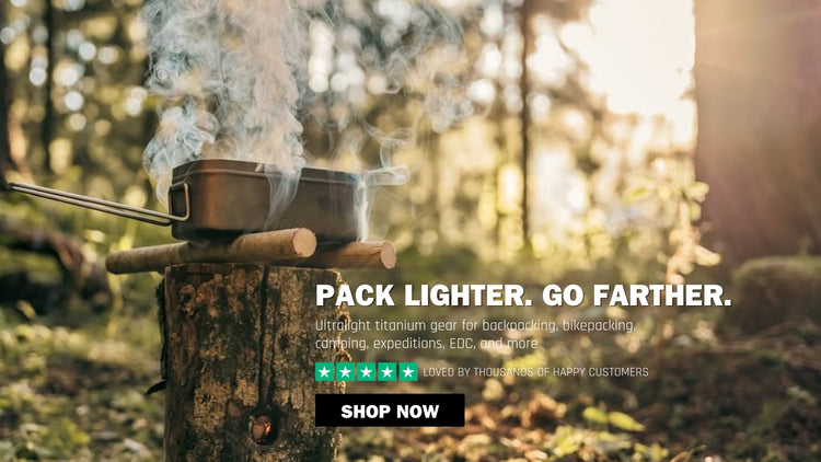 Camping scene with a pot on a campfire and text overlay 'Pack lighter, go farther.'