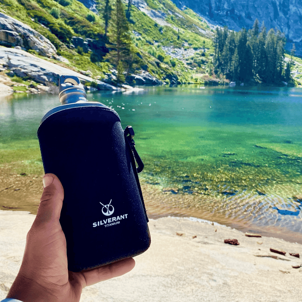 SilverAnt Outdoors Titanium Water Bottle With Lake Background