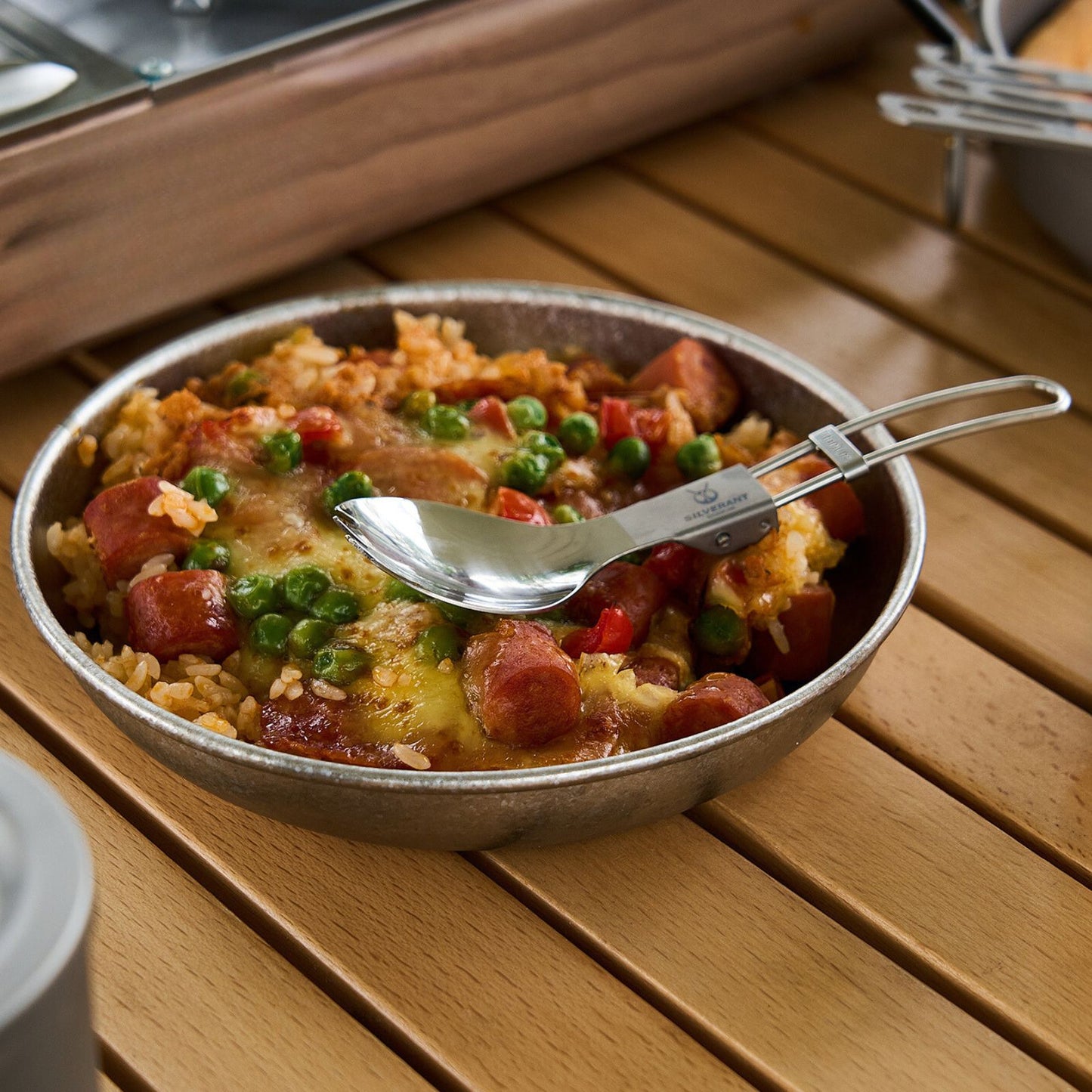 
                  
                    SilverAnt Titanium Camping Plate with a Crystallized Finish 400ml/13.53 fl oz - in use image - with fried rice in it
                  
                