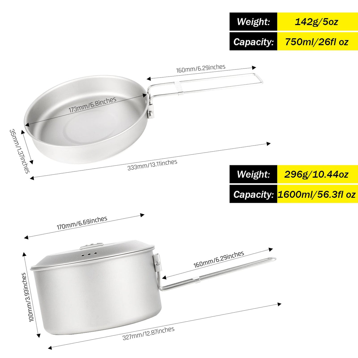 SilverAnt Medium 2-Piece Titanium Pot and Pan Camping Cookware Set with weight and dimensions
