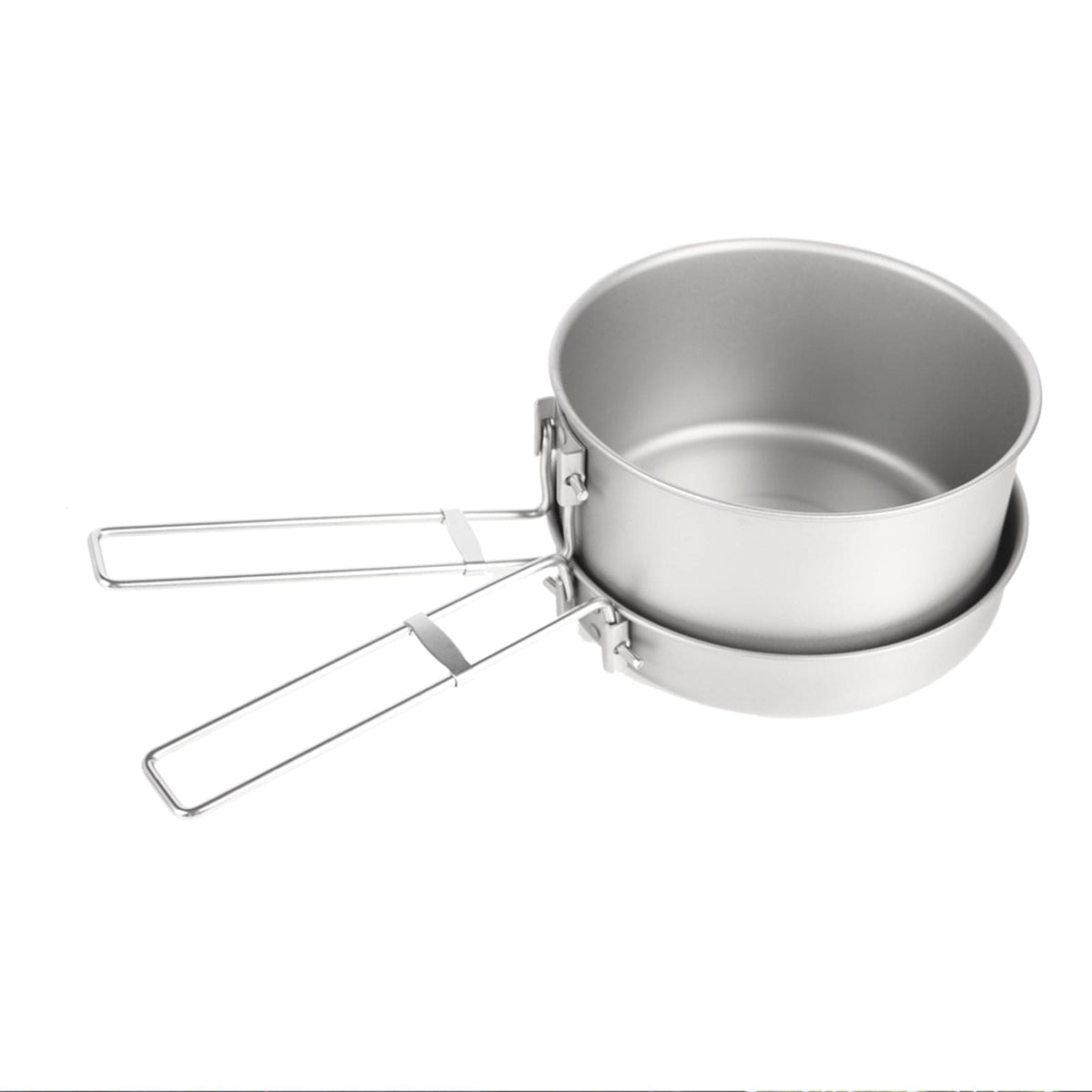 SilverAnt Medium 2-Piece Titanium Pot and Pan Camping Cookware Set - nesting position, sandblasted finish, foldable handles