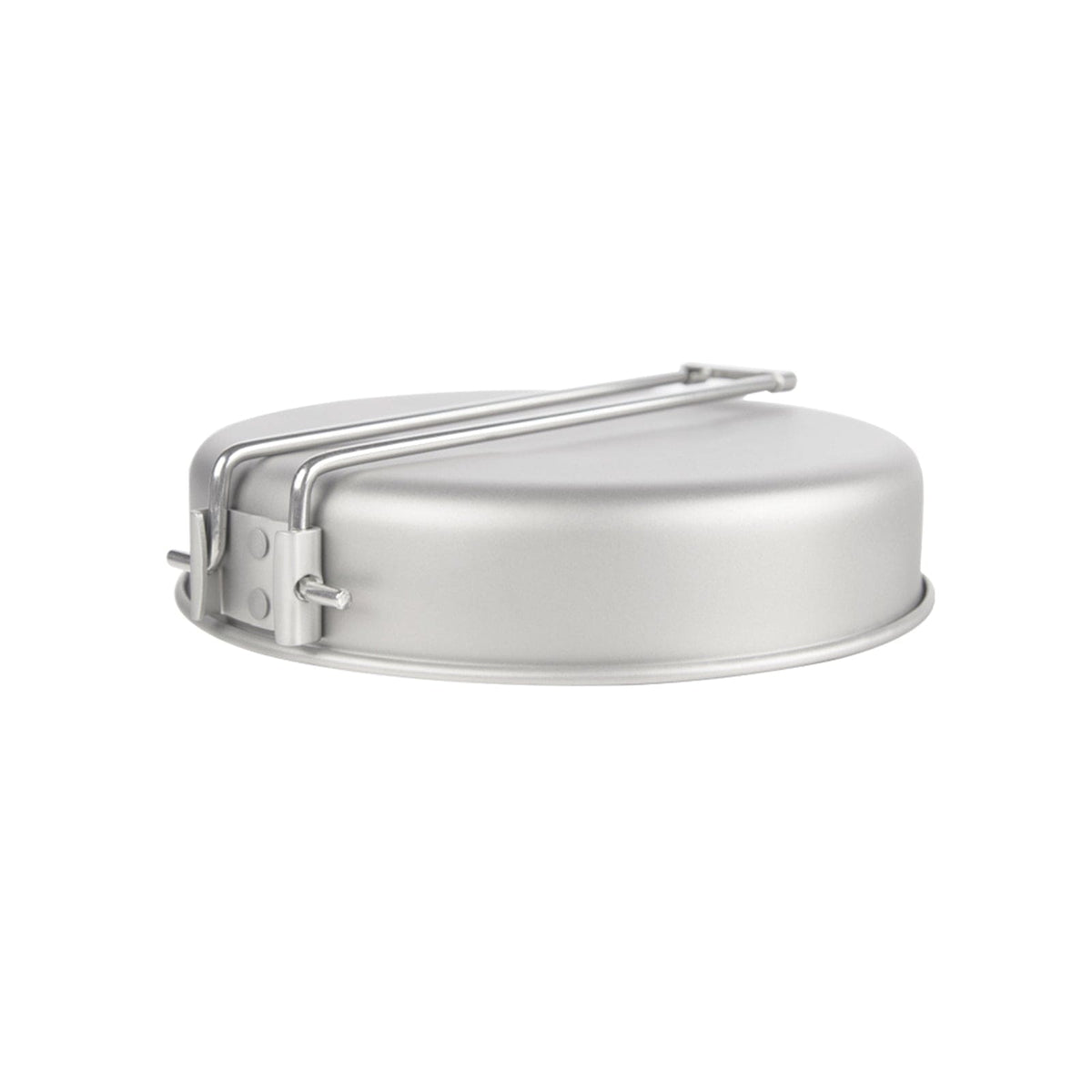 SilverAnt Medium 2-Piece Titanium Pot and Pan Camping Cookware Set - 1600ml/54.1 fl oz - Frying pan bottom view, folded handle, sandblasted finish