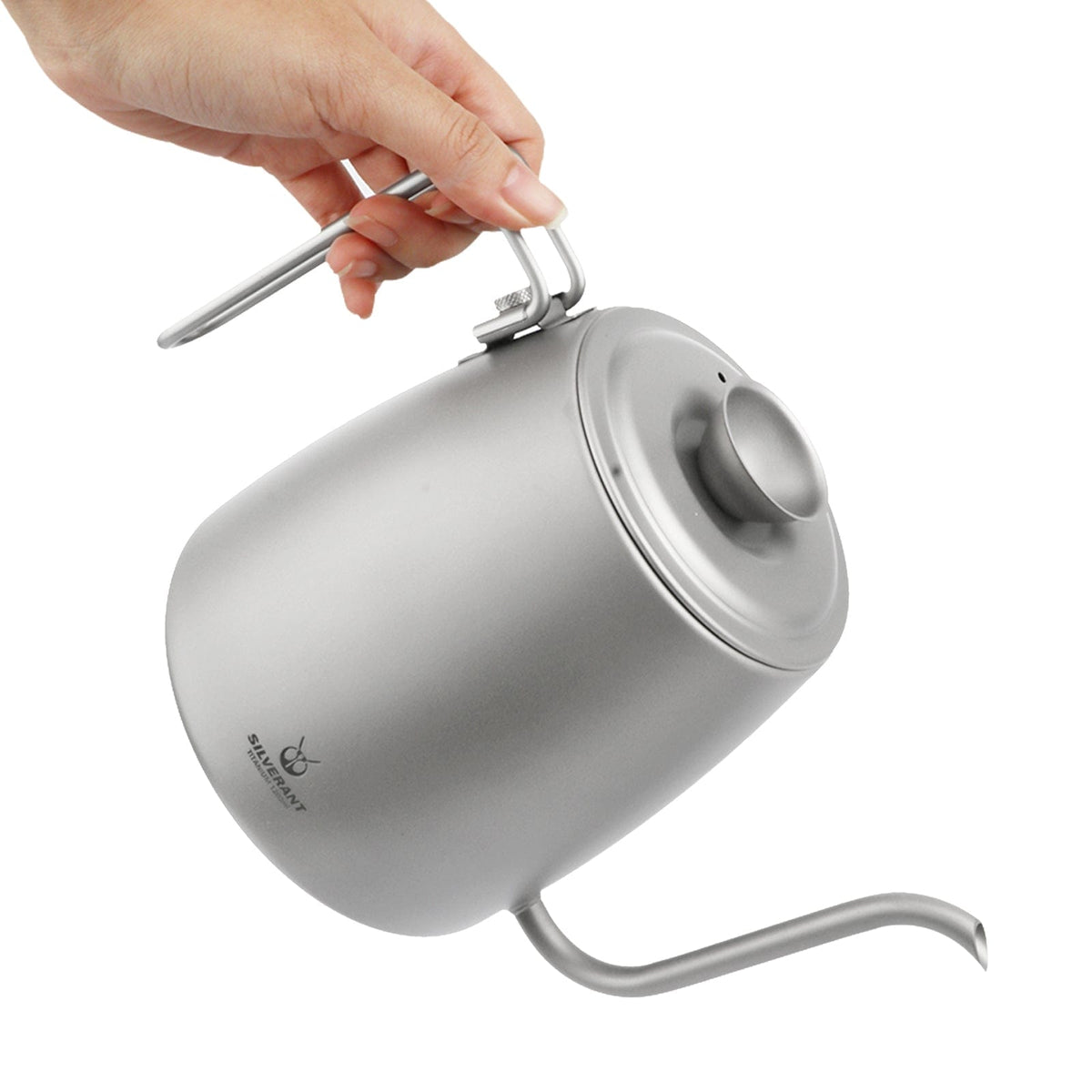Titanium Pour-Over Kettle Sandblasted 1200ml/42.2 fl oz - On-hand, pouring position
