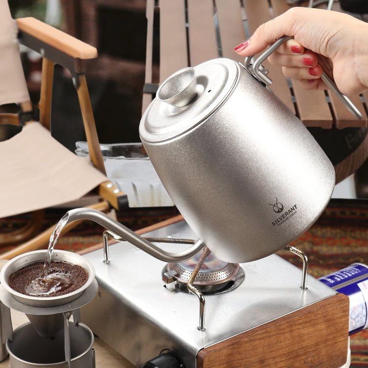 
                  
                    SilverAnt Titanium Pour Over Kettle Crystallized 1200ml/42.2 fl oz - Actual product photo, real life use, in use, pouring coffee out, lifestyle shot
                  
                