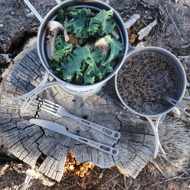 
                  
                    SilverAnt Ultralight Titanium 3-Piece Camping Cookware Set - In-Use (Top view, cooking on a stump, making camp breakfast, titanium cookware)
                  
                