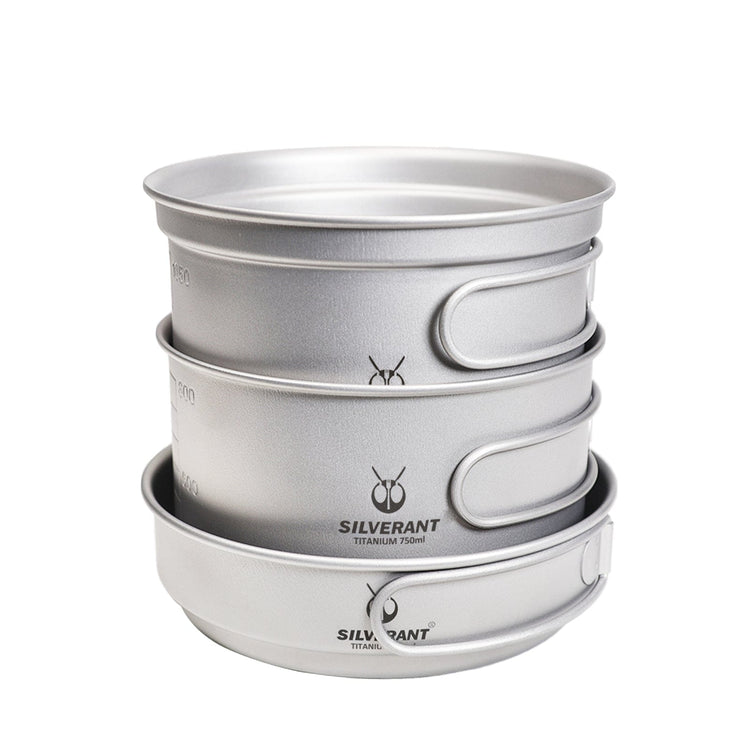 
                  
                    Ultralight Titanium 3-Piece Camping Cookware Set - SilverAnt Outdoors (Nesting Position)
                  
                