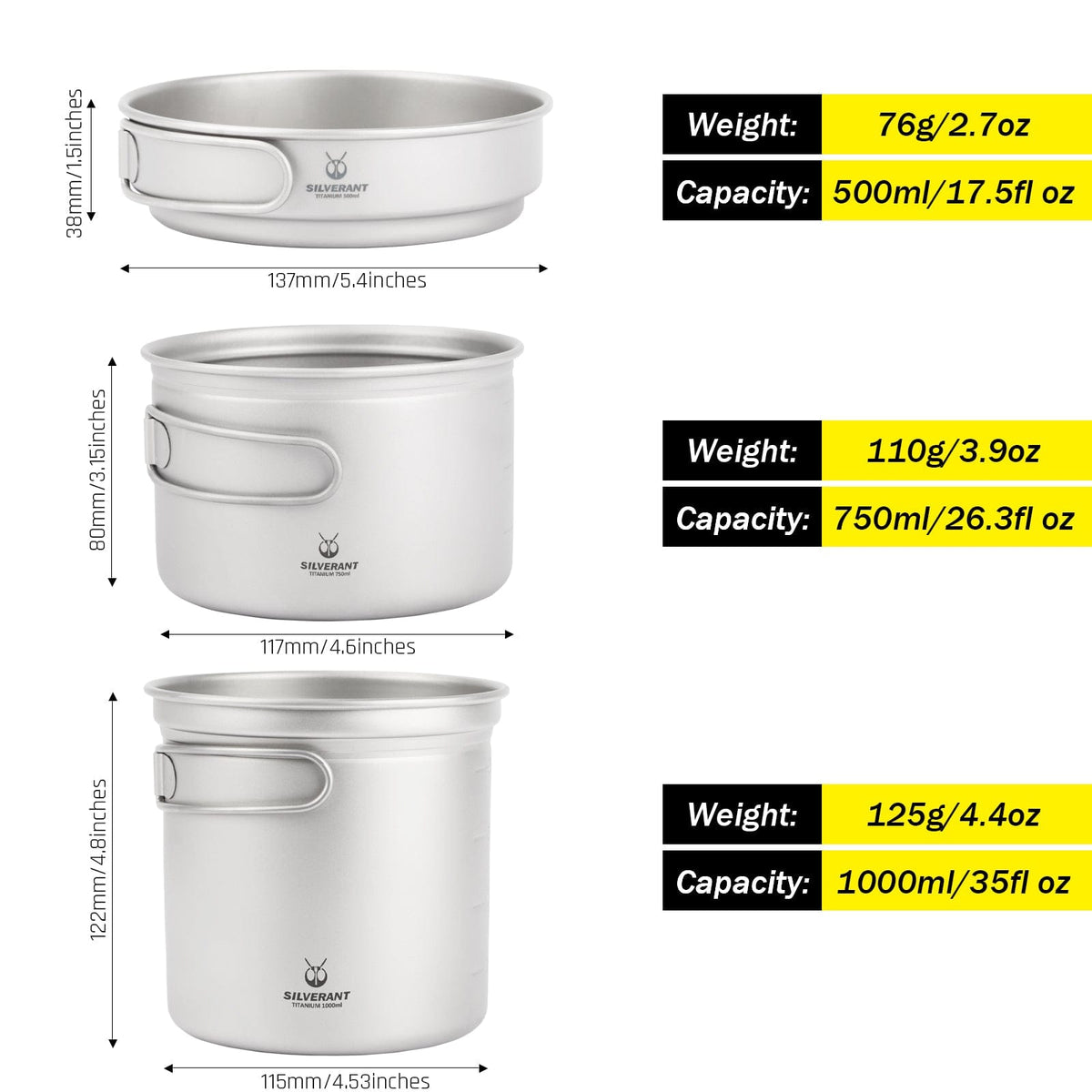SilverAnt Ultralight Titanium 3-Piece Camping Cookware Set (dimensions and weight)